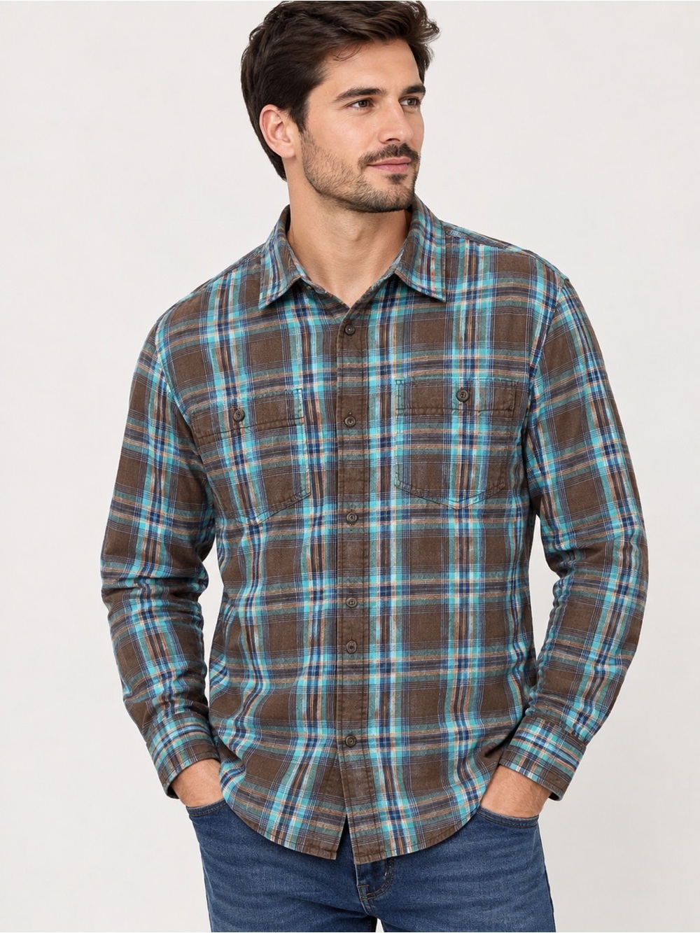 Prana Slim Brown and Teal Plaid Long-Sleeve Button-Down Organic Cotton Shirt XL